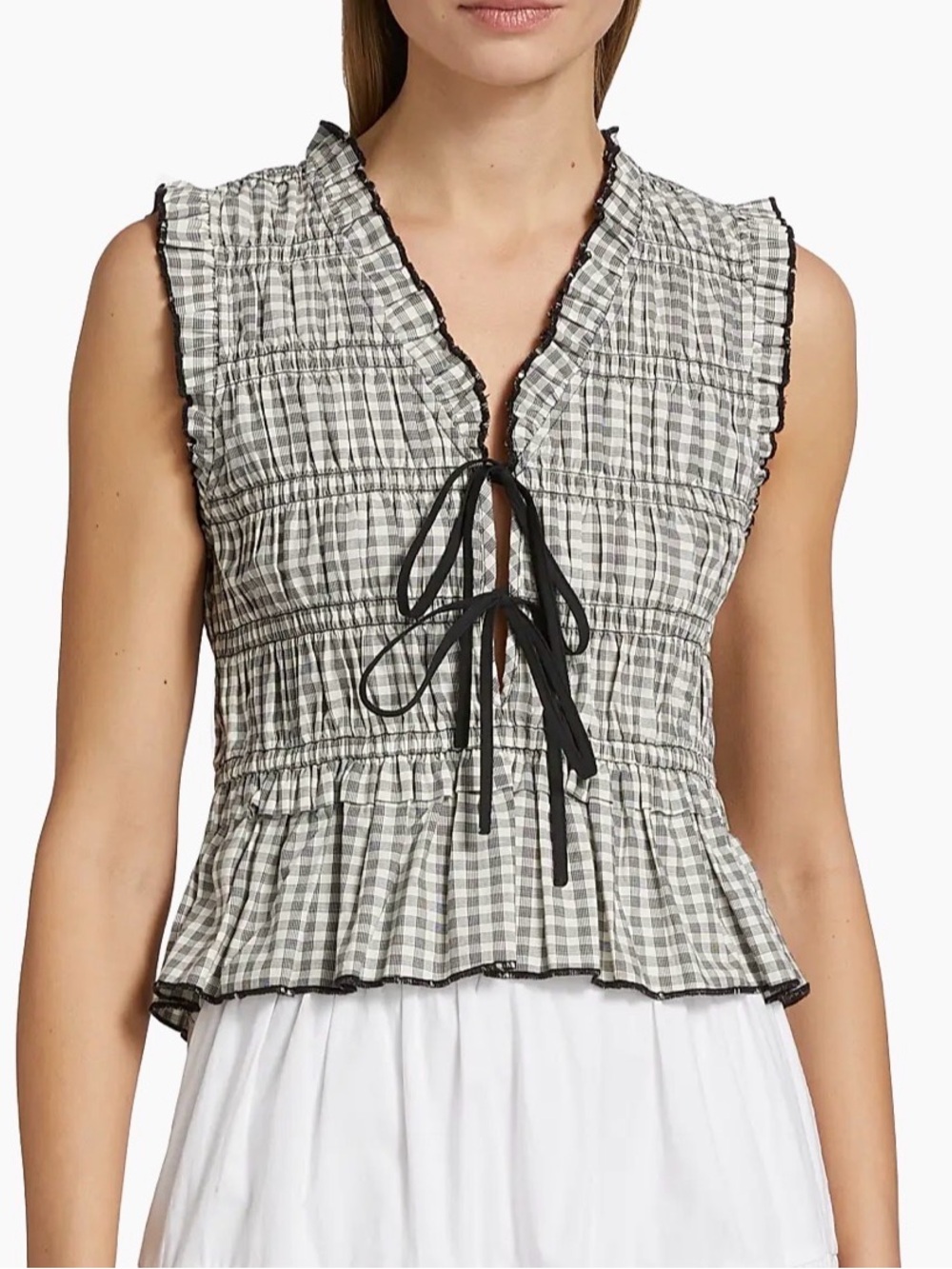 Rails Martine Gingham Smocked Tie-Front Top  NWT Ivory Jet Cottagecore Size L
